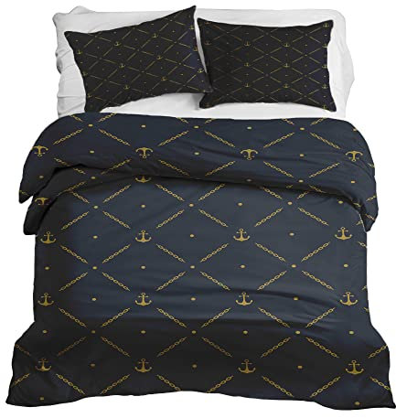 Gravity Bettwäsche 3 teilig Set für Gewichtsdecke - Schlaufen Bezugssystem Baumwolle Deckenbezug 150x220cm und 2X Kissenbezug 80x80cm für Erwachsene/Jugendliche Anker Kette Gold schwarz