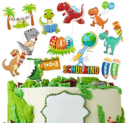 24 Stück Dinosaurier Einschulung Tortendeko Junge - Schulanfang Cupcake Topper im Niedlichem Dino-Stil - Einschulung Muffin Deko zum 1. Schultag, Schulkind, Schulanfang, Schuleinführung usw.