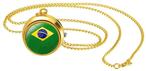 JewelryWe Taschenuhr Herren Weltmeisterschaft WM Brasilien Brasilianische Flagge Kettenuhr Analog Quarz Uhr mit Halskette Kette Pocket Watch Geschenk für Männer Frau