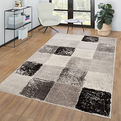 TT Home Wohnzimmer Teppich Kurzflor Geometrisches Design Used Look Karos Modern, Farbe: Grau Creme Anthrazit, Größe:80x150 cm
