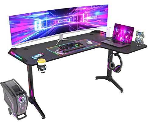 Computer Gaming Desk RGB LED: L Shape Corner Desk Larger Game Table 160cm x 100cm Carbon Fiber Black Desktop Gamer Desks with 6 Colors 8 Modes RGB Light Durable Headphone Hook and Cup Holder,Right