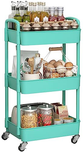 Sywhitta Rollwagen aus Kunststoff, 3-stöckig, mit Griff, multifunktionaler Aufbewahrungswagen für Büro, Wohnzimmer, Küche, beweglicher Aufbewahrungs-Organizer mit Rollen, Grün