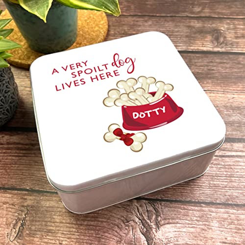 Fingerprint Designs Square Red Food Bowl & Bones Personalised Dog Biscuits Treat Tin