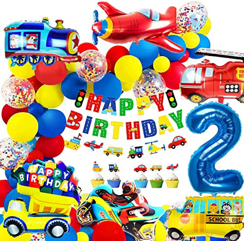 iZoeL Geburtstagsdeko Jungen 2 Jahr Folienballon Kindergeburtstag Deko Feuerwehrfahrzeuge Truck Happy Birthday Banner Girlande Cars Motorrad Luftballons Tortendeko 32pcs Ballons Kindergeburtstag Party