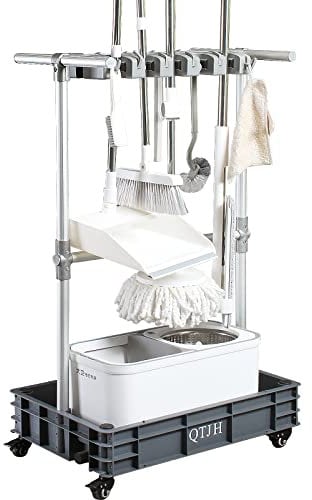 QTJH Broom mop Holder Cleaning Supplies Organizer Janitorial carts on Wheels Housekeeping Station Storage Tools for Garage, Garden, Closet, Cabinet.