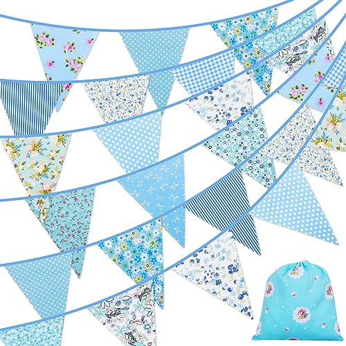 Lollanda Stoff-Wimpelkette, 12 m, 42 Stück, Wimpelkette für den Außenbereich, florale Vintage-Dreieck-Flagge für Zuhause, Garten, Geburtstag, Party, Hochzeit, Party-Dekoration (blau)