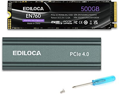 Ediloca EN760 Interne SSD mit Kühlkörper, 500 GB PCIe Gen4, NVMe M.2 2280, bis zu 4800 MB/s, Internes Solid State Drive, dynamischer SLC-Cache, kompatibel mit PS5 und PC