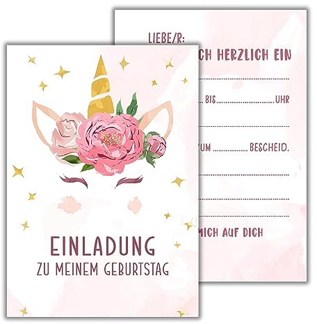 WBdesignz 12x Einladungskarte Kindergeburtstag Blumen Einhorn- Niedliches Einhorn Einladungskarten Set für Mädchen - Mädchen Partyeinladung für Kinder