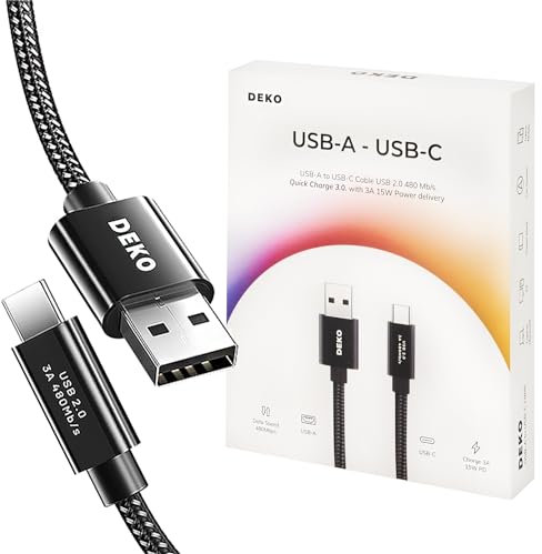 Deko Cable USB A vers USB C Court 0,5M 50cm Nylon Tressé, Cable USB 480Mb/s, Câble USB 2.0 - Compatible pour Galaxy S24, S23, S22, S21, S20, A73, A72, A53, Huawei P30 Lite Redmi 10, Note 9, iPhone