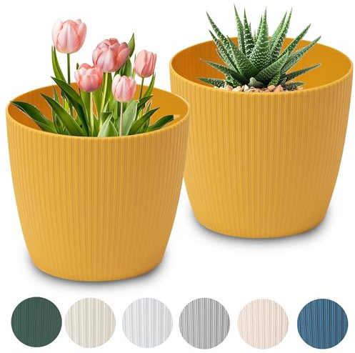 PECZEKO Macetero mate, macetero de plástico, maceta decorativa para plantas grandes, 2 maceteros de flores, macetero para hierbas, (2 unidades), mostaza, diámetro de 11 cm