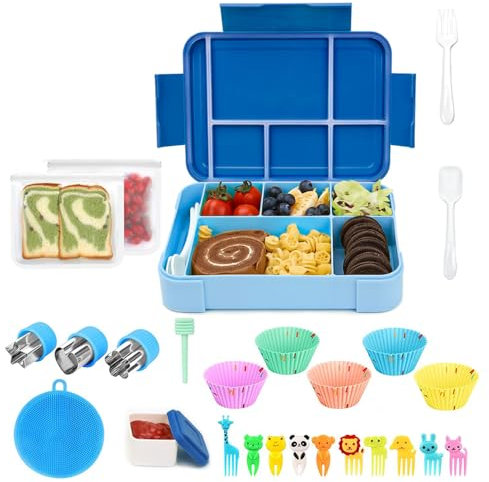 Bugucat Bento Lunch Box 1330ML 26 PCS,kids Lunch Box Bento Boxes with 6 Compartments Cutlery,Leak Proof Lunchbox Snack Boxes for Kids Adult,Kids Lunch Box with Compartments for School Blue