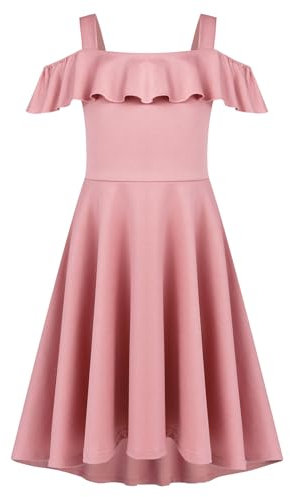 Arshiner Vestito per Bambini Abito Estivo con Spalle Scoperte Ragazza A Linea A Swing Tinta Unita Abiti Alto Basso Vestito da Principessa A Pieghe con Tasca Rosa 10-11 Anni
