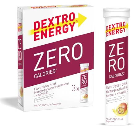 Dextro Energy Zero Calories Mango and Passionfruit I Electrolytes Sports Drink I Effervescent Tablets | Rapid Recovery and Hydration Electrolyte Drink I with Vitamin C I Vegan I 3 Tubes, 60 Tablets