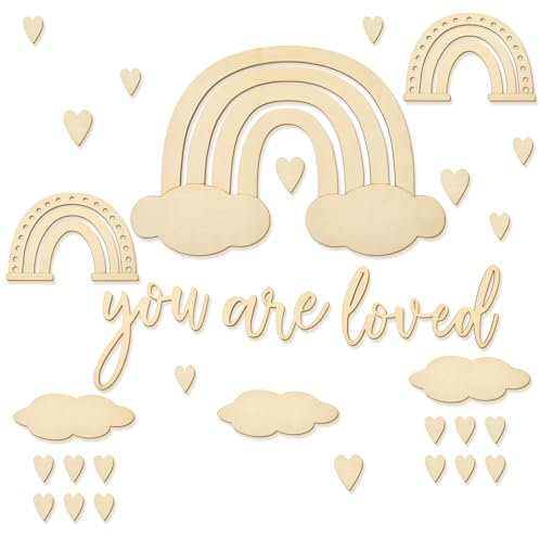 Marsui Boho Regenbogen Wanddekorationen aus Holz für Kinderzimmer - You Are Loved Schriftzug mit 3D Effekt, Wolken Wandbild, DIY Deko für Schlafzimmer
