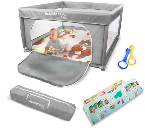Mobiclinic®kids, Laufstall baby + spielmatte, Faltbar, 125x125cm, Tragetasche, Atmungsaktives netz, Happyland, Geruchloses und waschbares gewebe, Sicher, Baby-laufstall, Seiteneingang