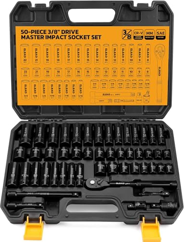 ELEAD 3/8 Drive Impact Socket Set - 50-Piece SAE (5/16 to 3/4) & Metric (8-22mm), 6-Point CR-V Steel Deep & Shallow Sockets with Ratchet Handle, Universal Joint, Extension Bar, Adapter