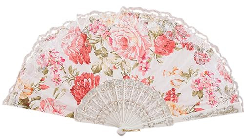 fxwtich Easy to Carry Folding Fan Portable Lace Fan Vintage Lace Folding Fan Portable Handheld Chinese Dance Fan for Dance Photography Events White