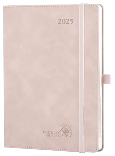 POPRUN Kalender 2025 Buchkalender Softcover mit PU-Leder, ca. A5 (22 x 16,5 cm) - Terminplaner, Wochenplaner Notizbuch (Jan.2025-Dez.2025) mit 100 GSM Papier - Zartrosa
