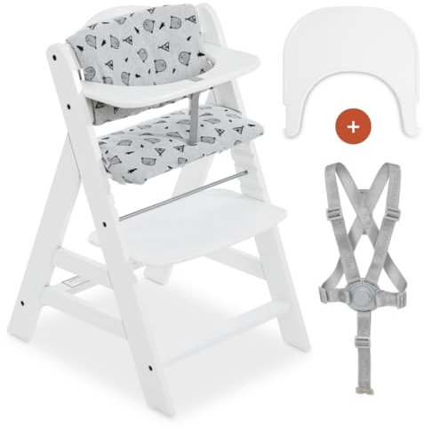 hauck Hochstuhl Alpha Plus mit Tablett Click Tray und Sitzpolster - Mitwachsender Babystuhl aus Holz, Kinderhochstuhl ab 6 Monate, verstellbar - Weiß