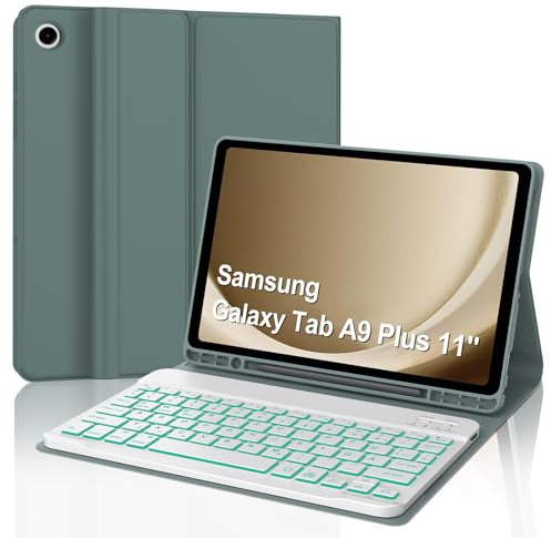IVEOPPE Tastatur für Samsung Galaxy Tab A9 Plus 11, Hülle mit Tastatur für Samsung Tab a9+ 2023, Bluetooth Magnetisch 7-Farbige Beleuchtung QWERTZ Keyboard Galaxy A9 Plus Tablet 11 Zoll, Dunkelgrün
