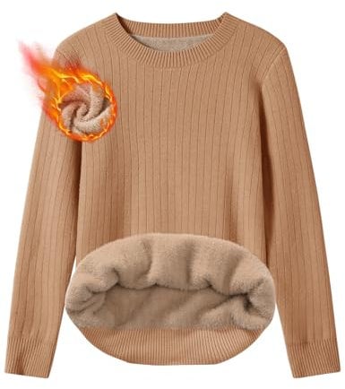 heekpek Women's Jumpers Long Sleeve Tops Ladies Cosy Sweaters Winter Warm Fleece Lining Striped Jumper Crewneck Ribbed Knit Pullover, Khaki, XL