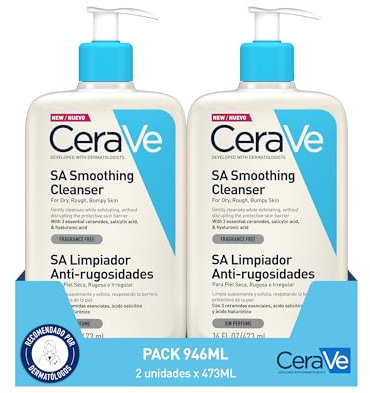 CeraVe, SA Reinigungsgel gegen Rauheit, 2 x 236 ml, für trockene, raue und unregelmäßige Haut, reinigt sanft und Peeling, angereichert mit essentiellen Ceramiden, Salicylsäure und Hyaluronsäure