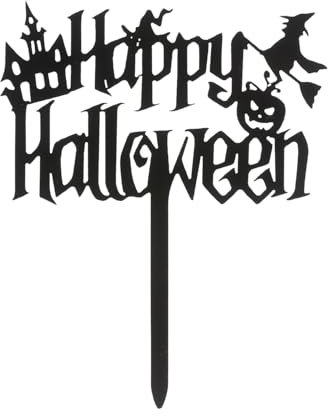 dekora - Happy Halloween Cake Topper mit Hexe und Kürbis, 10x11 cm, Schwarze Tortendekoration aus Kunststoff, Ideal für Muffins, Cupcakes, Kekse & Kindergeburtstage, Halloween Party Deko