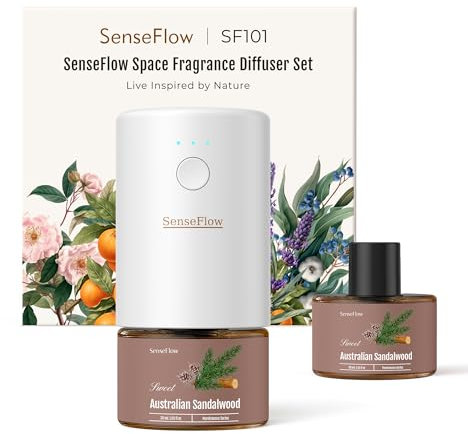 SenseFlow Aroma Diffuser für Ätherische Öle SF101, Wasserloser Ultraschall Duftstecker Raumduft, 100% pflanzlich Lufterfrischer, 120-Tage Aroma für Zuhause, Hotel zu 100 m² (Australisches Sandelholz)