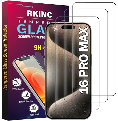 RKINC 3 Stück, Panzerglas Schutz Glas für iPhone 16 Pro Max, Panzer HD Displayschutzfolie, 0,33 mm kratzfest, splitterfrei, blasenfrei, lebenslangeGarantie