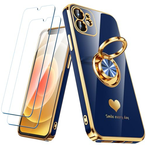 Nonional Compatible for iPhone 11 Case with 2 Pack Screen Protector, 360° Rotatable Ring Holder [Luxury Hearts Pattern] Plating Gold Edge Slim Soft Phone Cover Case for iPhone 11 - Blue