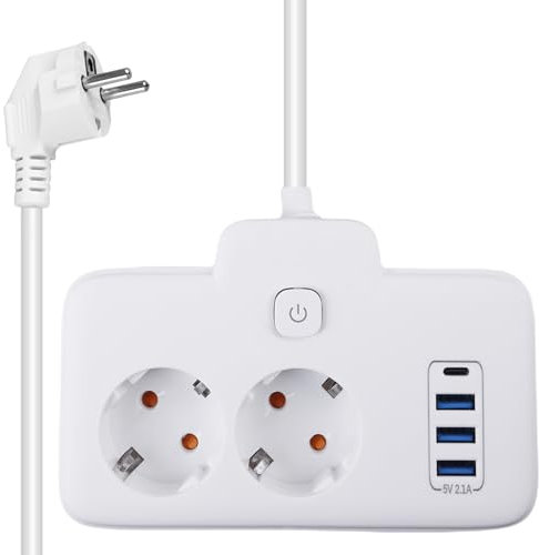 Rallonge multiprise 2 prises 2500 W USB 10 A avec 3 ports USB-A et 1 port USB-C pour le bureau, la maison et les voyages