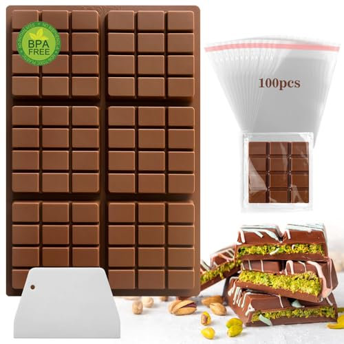 Midnadiy Moule silicone tablette de chocolat, 6 barres Moule Silicone Tablette de Chocolat avec Grattoir et 100 Pièces sac, Moule Tablette Chocolat Dubai pour Pralines Bonbons