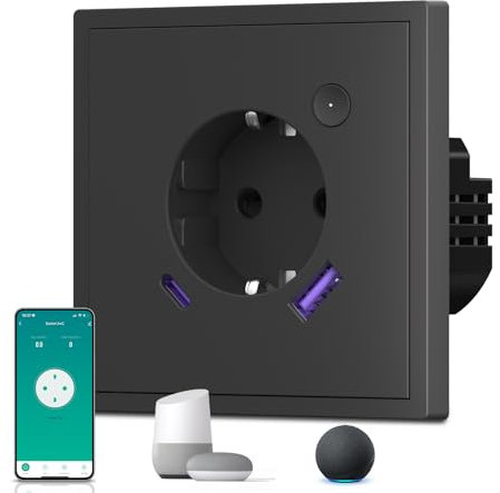 BSEED Enchufe Inteligente con 20W USB y Tipo C,Mate Enchufe Pared Wifi con Medidor Consumo,Control Remoto por APP & Voz,Requiere Cable Neutro,1 Enchufe,Negro 86mm