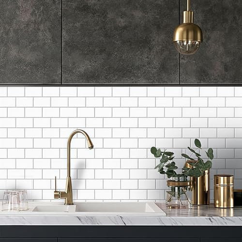 Alwayspon 10 Sheet White Brick 3D Vinyl Wall Tile Sticker Transfers, Peel and Stick Self-Adhesive Waterproof Splashback Stick on Tile Decals for Kitchen Bathroom Wall