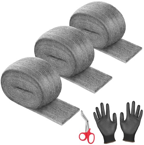 Foxtune Drahtwolle, 3 Stück, Stahlwolle, Mäuse-Blocker mit Handschuhen und Schere, Lochfüller, Wand, 0000 feine Drahtwolle, Mäuse zur Reinigung, Metallpolitur, Holz, Ratten-Nagetierbekämpfung für