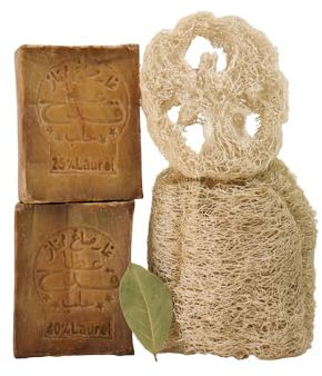 Kanaan Aleppo Seife Original 1x 200g mit Luffa – 40 Lorbeeröl & 60 Olivenöl Naturseife, Männer Haarseife & Duschseife, Antibakterielle Grüne Seife, Biologisch Abbaubare Bio Olivenseife