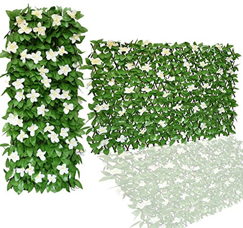 HomeSun Erweiterbarer Zaun 200x100cm Sichtschutz für Balkon Terrasse im Freien dekorative Faux Efeu Fechten Panel künstliche Pflanzenwand (einseitig Blätter) (2, Weiß Blume)