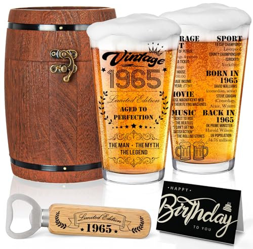 Joybble Regali per uomini, regalo per il 60° compleanno da uomo con biglietti di compleanno, bicchiere da birra 1965 in scatola vintage, 470 ml, regalo personalizzato per bicchieri da birra, regalo di