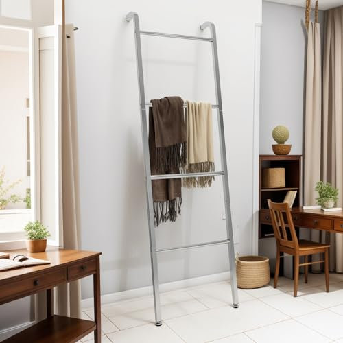 Toallero de pie de metal gris – Escalera para baño decorativo, salón, cocina, soporte para toallas, 4 barras, para baño, dormitorio, salón, plateado
