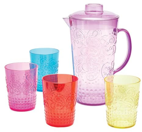 Coopers of Stortford - Set of 8 Baroque Embossed Tumblers & Jug - Shatterproof Plastic Drinkware, Colourful Outdoor Glasses Set - 460ml Tumblers & 2L Jugs