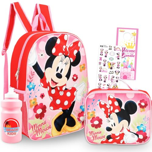 Disney Minnie Mouse Backpack with Lunch Bag Set - Bundle with 16 School Bag, Insulated Lunch Box, Stickers, Water Bottle, More | Minnie Mouse School Backpack for Girls