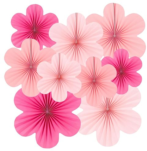 Hitopin 9 Stück Papierfächer Deko Rosa, Rosa Blumen Papier Party Deko Set, Papier Fächer Dekoration, Papierblumen Party Dekorationen, Papierblumen zum Aufhängen, für Festival Karneval Geburtstags Deko