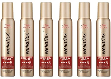 6x Wella Wellaflex Hitze- & UV-Schutz Schaumfestiger Ultra starker Halt bis zu 24h Haarschaum mit Hitzeschutz Silikonfrei und sanft zur Kopfhaut Vegane Formel Haltegrad 5, 200ml (6er Pack)