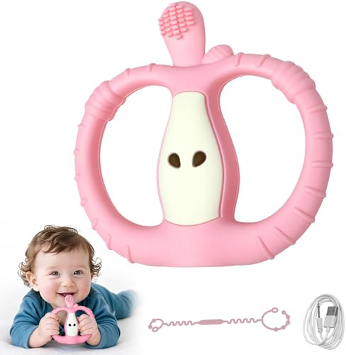 Vibrierender Beißring für Babys, Sensorisches Babyspielzeug zur Zahnfleischmassage & Stimulation, BPA-frei,Baby Zahnen Spielzeug aus Silikon, für Sinnes und Kauentwicklung (Rosa)