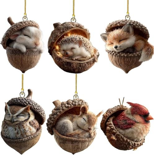 Forest Animal Acorn Ornaments – Cozy Forest Christmas Ornaments, 2025 New Pine Cone Decoration, Woodland Creature Figurine, 2D Acrylic Hanging Ornament Home Party Décor