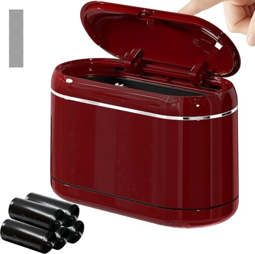 PAVSTINE Papelera Escritorio Ventana Emergente de Cobertura, Rojo | Papelera Pequeña Diseño De Doble Cañón, Papelera De Baño Equipado con 5 Rollos de Bolsas de Basura