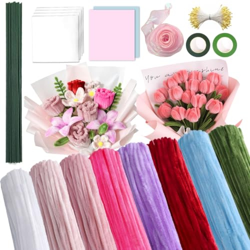 LIBAXIN 800 Stück Pfeifenreiniger Blumen Set,8 Farben Pfeifenreiniger Blumen zum Basteln,mit grünenBlumenstäbchen,Klebebandrollen,Klebestiften,Blumenstraußverpackungen,Bändern,Staubblättern usw