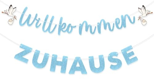 G2PLUS Aufgefädelt Willkommen Zuhause Girlande: Glitzer Blau Willkommen Baby Banner mit Weißstorch, Neugeborenes Papier Girlande für Jungen Geburt Heimkehr Party Deko