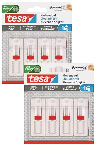 tesa Verstellbarer Klebenagel für Tapeten und Putz, Höhenverstellbarer, selbstklebender Wandnagel. (8x 1,0kg, Single)