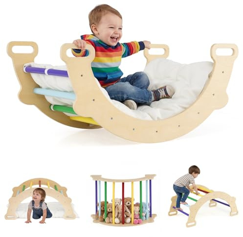 DREAMADE 2 in 1 Kletterbogen mit Kissen, Bogenwippe aus Holz, Holzwippe zum Klettern, Klettergerüst Indoor Kletterdreieck für Kinder ab 3 Jahren (Mehrfarbig)